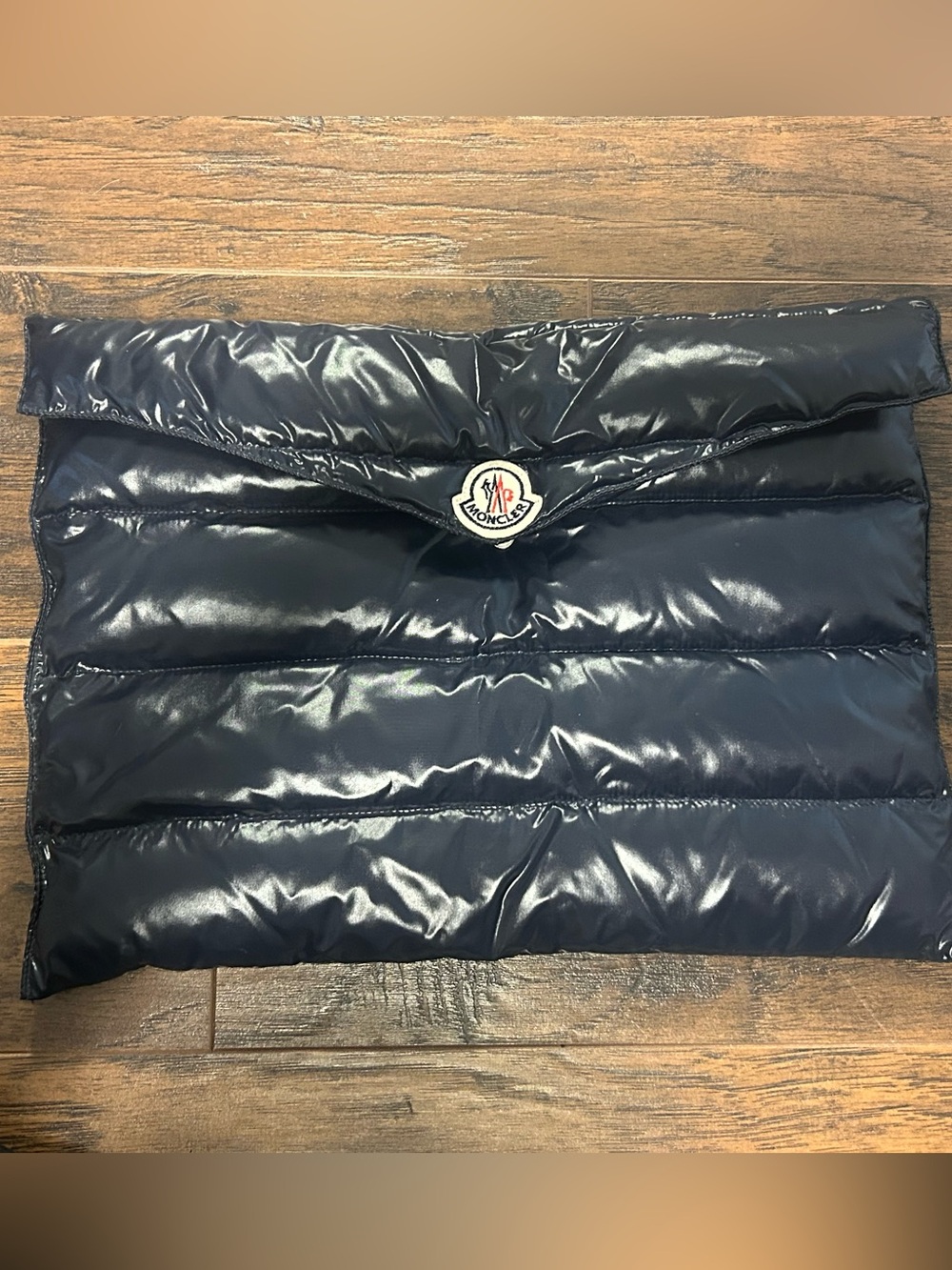 Moncler Glossy Navy Quilted Puffer Clutch with Logo Patch